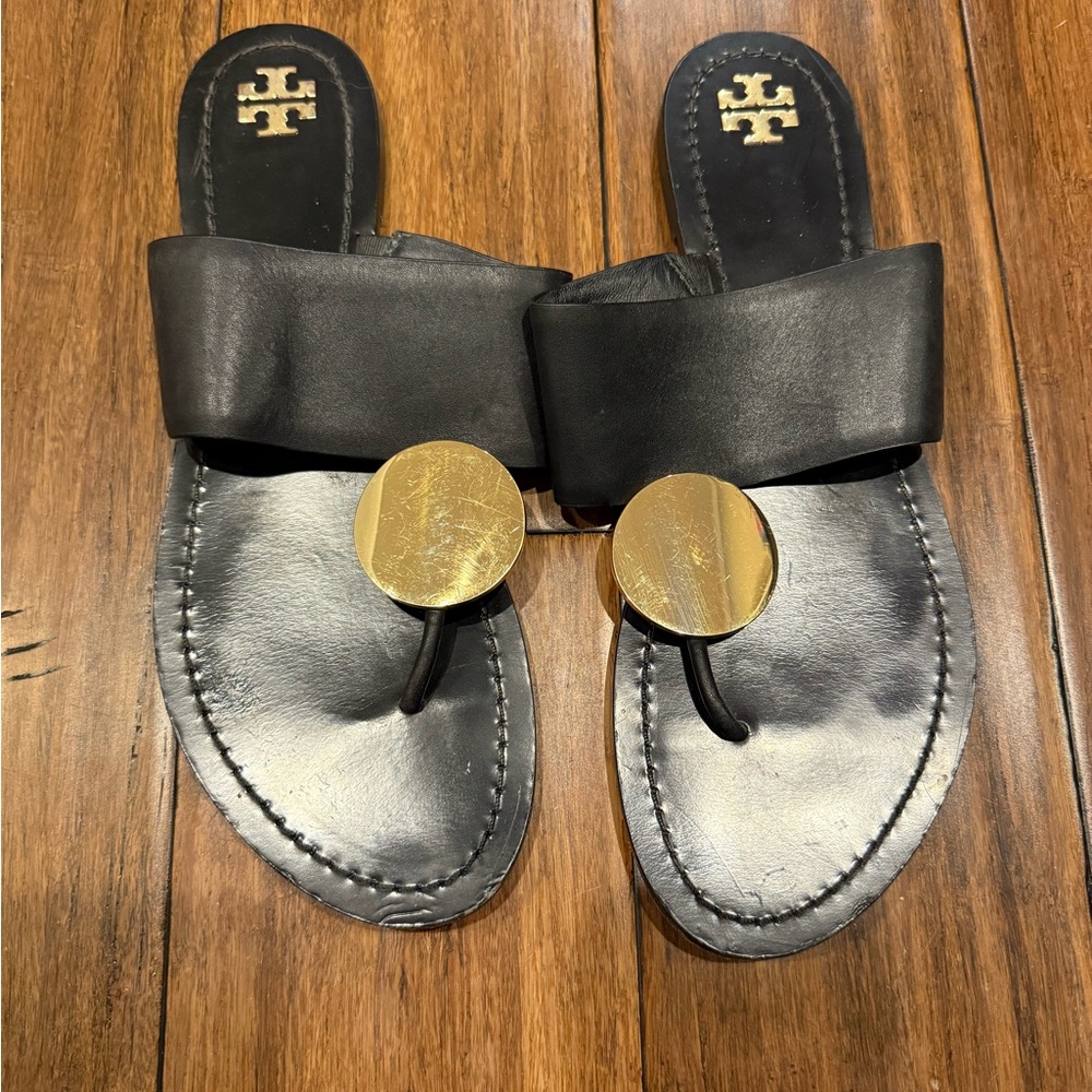 Tory Burch Black and Gold Patos Disk Sandals